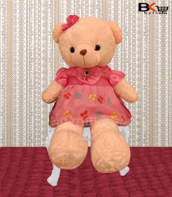 خرس عروسکی صورتی لباس صورتی گلدار